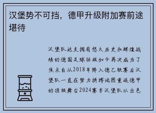 汉堡势不可挡，德甲升级附加赛前途堪待