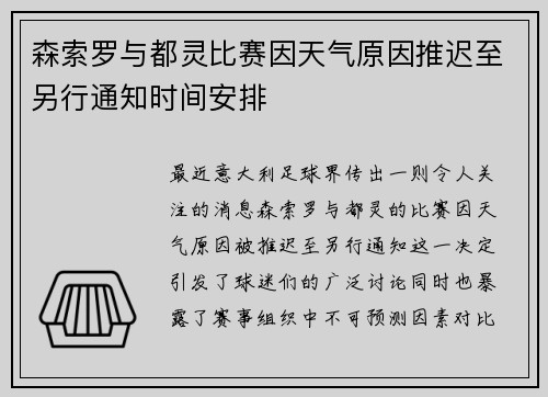 森索罗与都灵比赛因天气原因推迟至另行通知时间安排